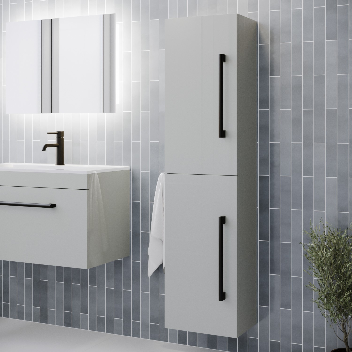 350mm Grey Wall Hung Tall Bathroom Cabinet with Chrome Handles - Ashford