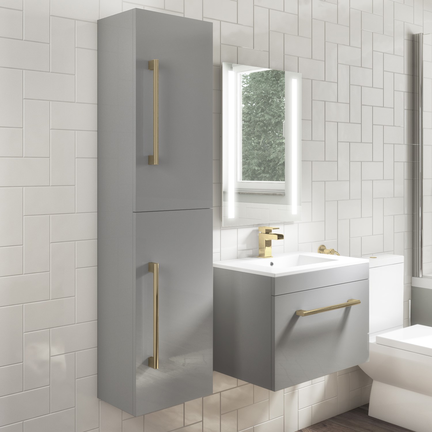 350mm Grey Wall Hung Tall Bathroom Cabinet with Brushed Brass Handles - Ashford