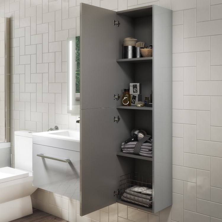 GRADE A2 - 1400mm Wall Hung Tall Boy Bathroom Cabinet - Grey - Ashford