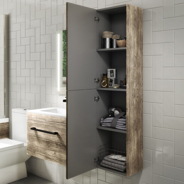 350mm Wood Effect Hung Tall Bathroom Cabinet with Black Handles - Ashford