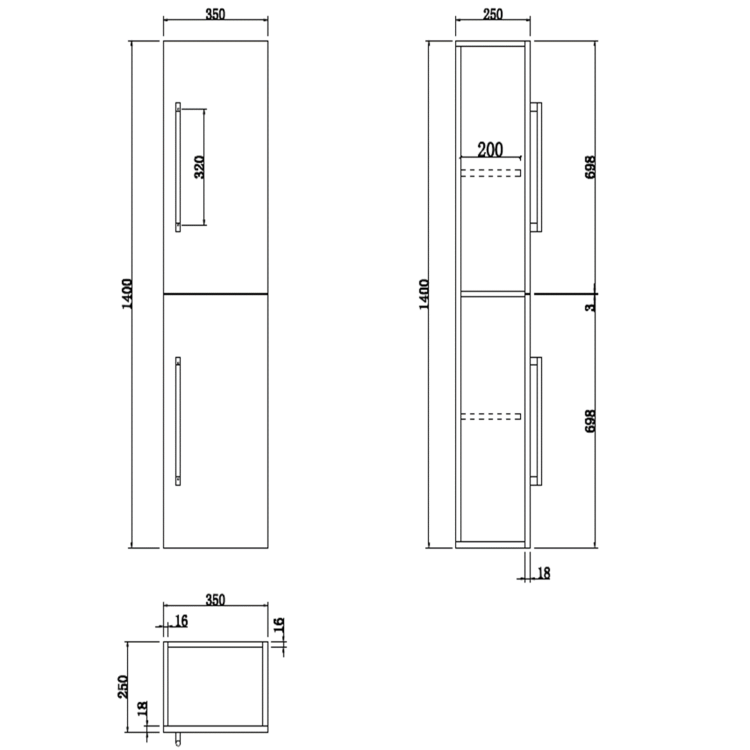 350mm Wood Effect Hung Tall Bathroom Cabinet with Black Handles - Ashford