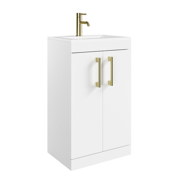 600mm White Freestanding Vanity Unit with Basin and Brass Handle - Ashford