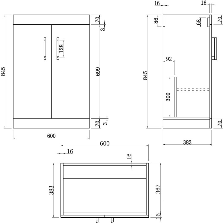 600mm Wood Effect Floorstanding Door Vanity Unit with Basin and Black Handle - Ashford