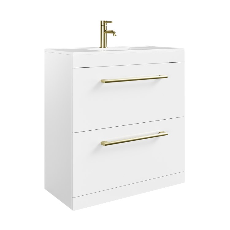 800mm White Freestanding Vanity Unit with Basin and Brass Handles - Ashford