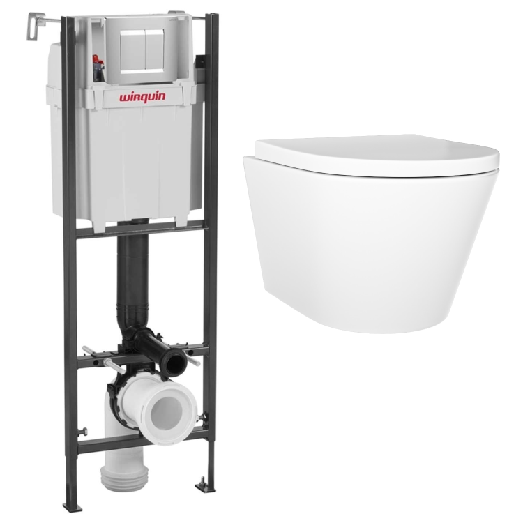 Wall Hung Rimless Toilet with Soft Close Seat, Chrome Mechanical Flush Plate, 1177mm Wirquin Frame & Cistern – Newport