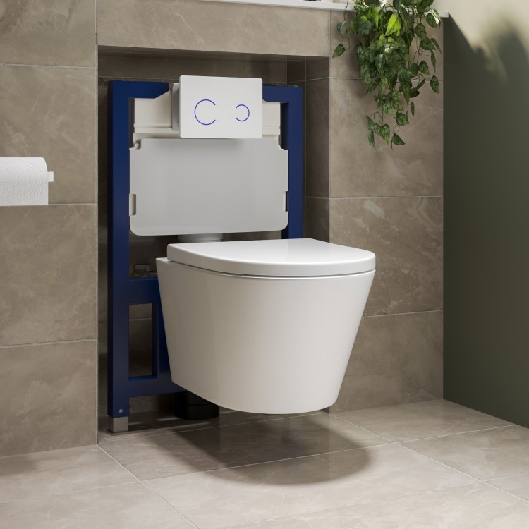 Wall Hung Rimless Toilet with Soft Close Seat, White Glass Sensor Flush Plate, 820mm Frame & Cistern – Newport