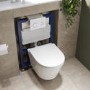 Wall Hung Rimless Toilet with Soft Close Seat, White Glass Sensor Flush Plate, 820mm Frame & Cistern – Newport