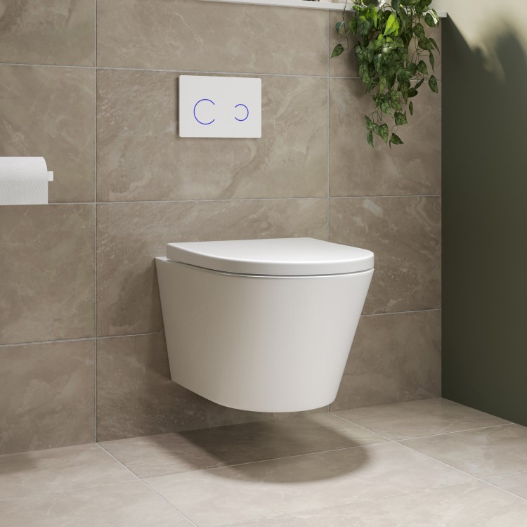 Wall Hung Rimless Toilet with Soft Close Seat, White Glass Sensor Flush Plate, 820mm Frame & Cistern – Newport