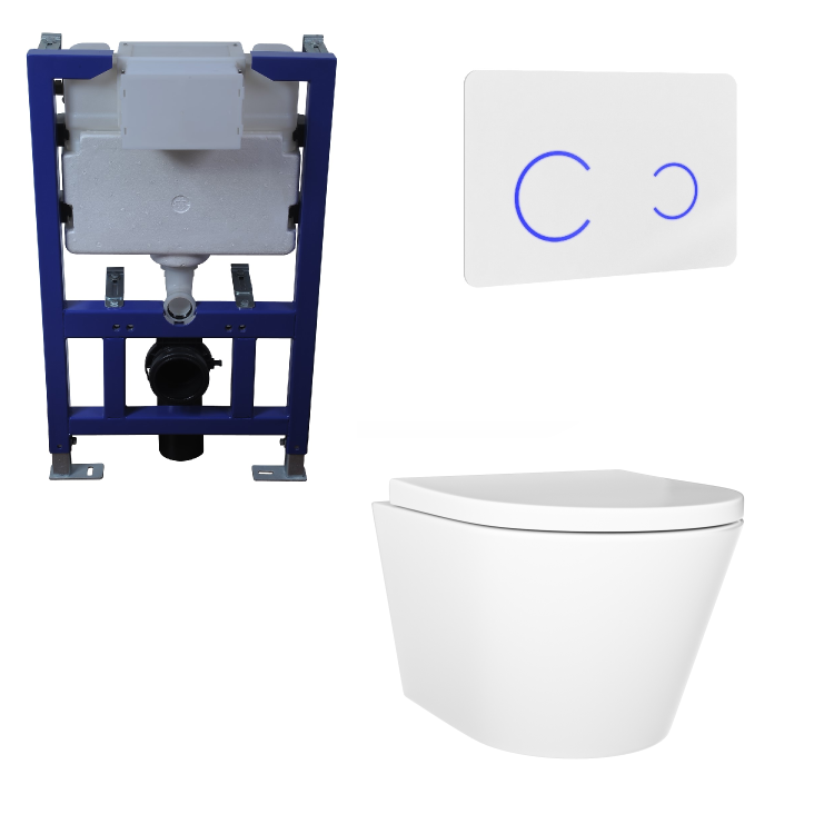 Wall Hung Rimless Toilet with Soft Close Seat, White Glass Sensor Flush Plate, 820mm Frame & Cistern – Newport