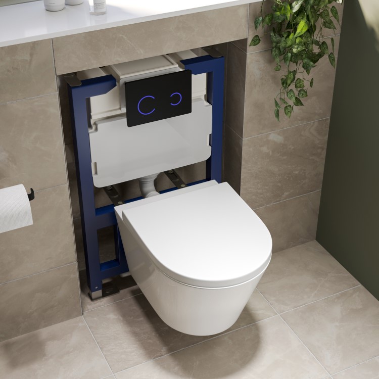 Wall Hung Rimless Toilet with Soft Close Seat, Black Glass Sensor Flush Plate, 820mm Frame & Cistern – Newport