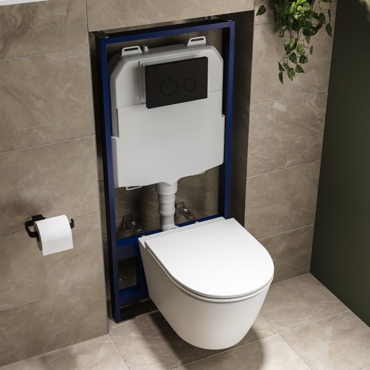 Wall Hung Rimless Toilet with Soft Close Seat, Matt Black Mechanical Flush Plate, 1168mm Frame & Cistern – Newport