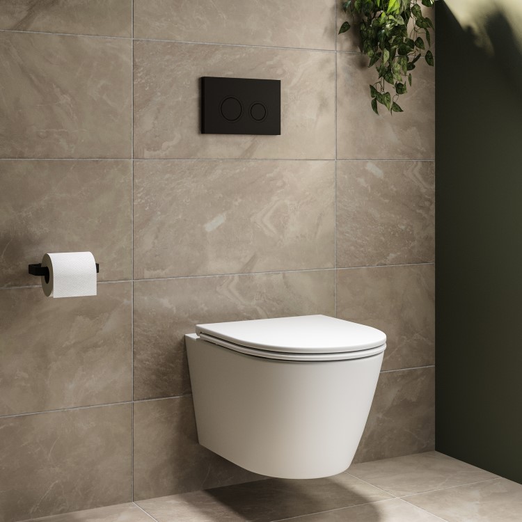 Wall Hung Rimless Toilet with Soft Close Seat, Matt Black Mechanical Flush Plate, 1168mm Frame & Cistern – Newport