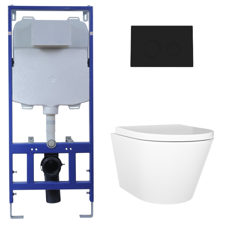 Wall Hung Rimless Toilet with Soft Close Seat, Matt Black Mechanical Flush Plate, 1168mm Frame & Cistern – Newport