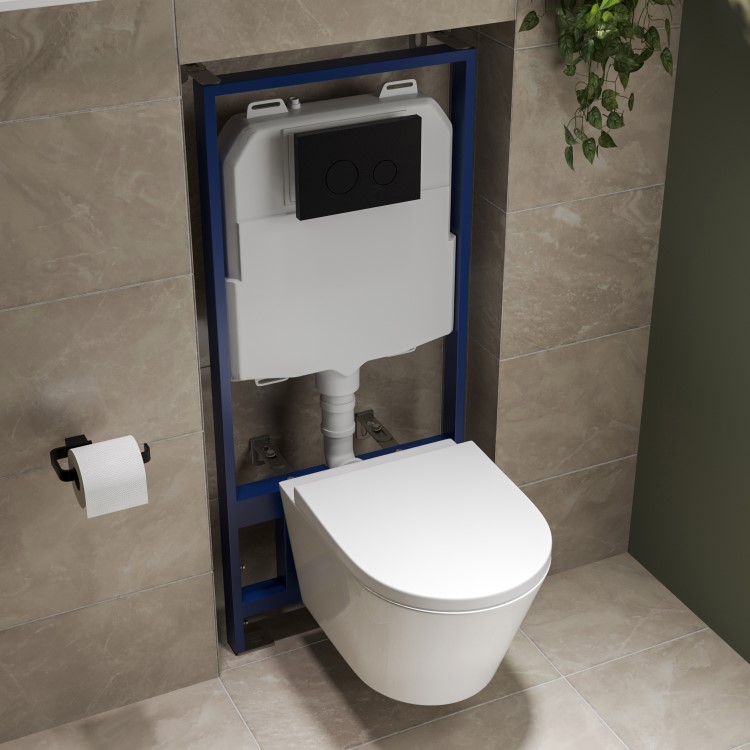 Wall Hung Rimless Toilet with Soft Close Seat, Matt Black Pneumatic Flush Plate, 1168mm Frame & Cistern – Newport