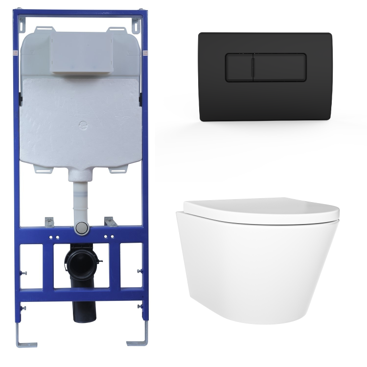 Wall Hung Rimless Toilet with Soft Close Seat, Matt Black Pneumatic Flush Plate, 1168mm Frame & Cistern – Newport