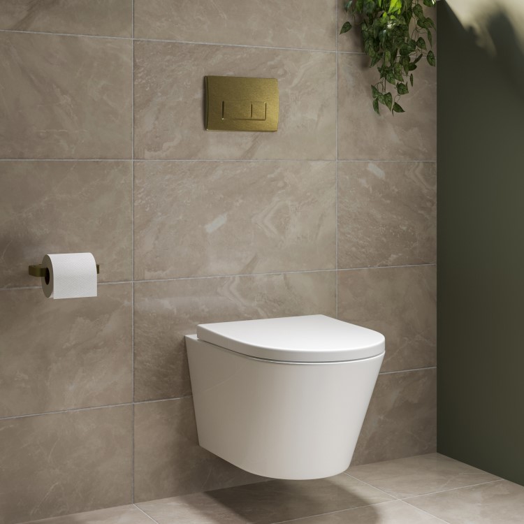Wall Hung Rimless Toilet with Soft Close Seat, Brushed Brass Pneumatic Flush Plate, 1168mm Frame & Cistern – Newport