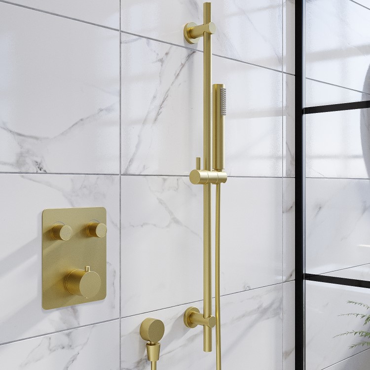 Brushed Brass Push Button 2 Outlet  Wall Mounted Thermostatic Mixer Shower Set with Hand Shower - Vance