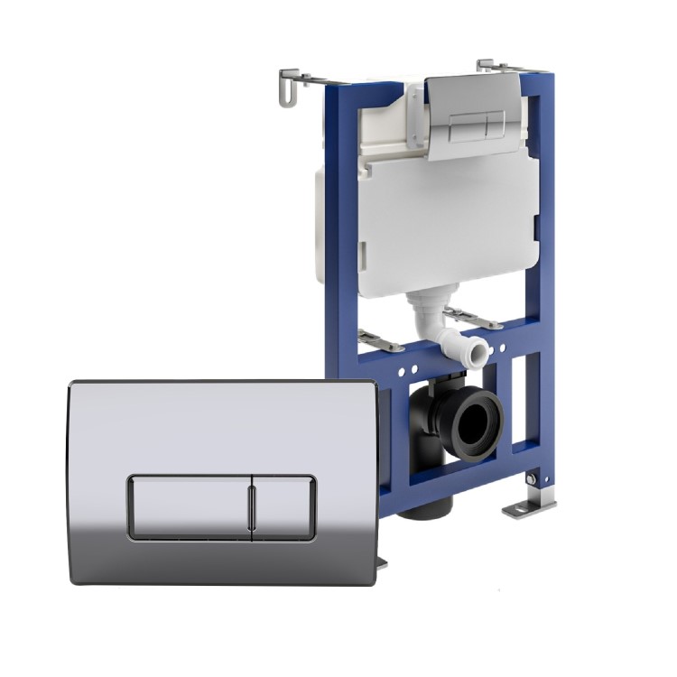 820mm Wall Hung Toilet Frame & Chrome Pneumatic Dual Flush Plate with Concealed Cistern - Elira