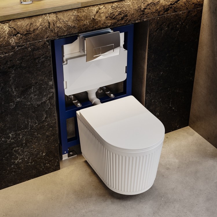 Fluted Wall Hung Rimless Toilet with Soft Close Seat, Chrome Pneumatic Flush Plate, 820mm Frame & Cistern – Oregon