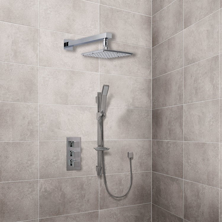 Quadro Slide Shower Rail Kit with Cube Triple Valve, 175mm Square Head & Wall Arm 