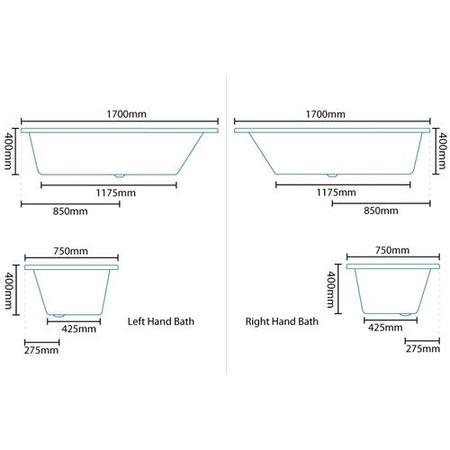 Left Hand Whirlpool Bath - Double Bath Screen - L1700 x W750mm - Tabor