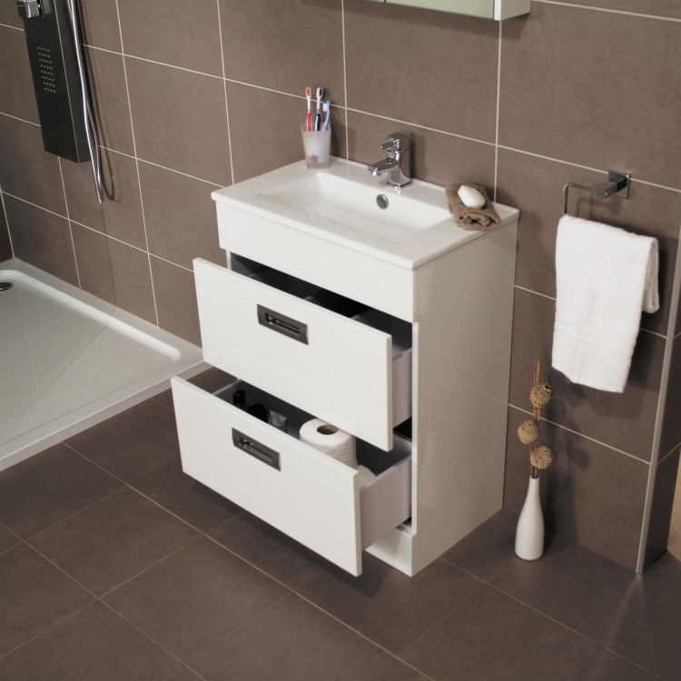 600mm Floor Standing Vanity Basin Unit - White Double Drawer - Aspen Range