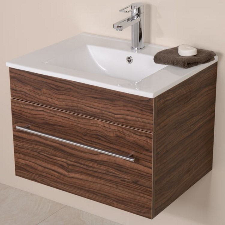 Aspen 600mm Wall Hung Vanity Unit - Walnut Single Drawer