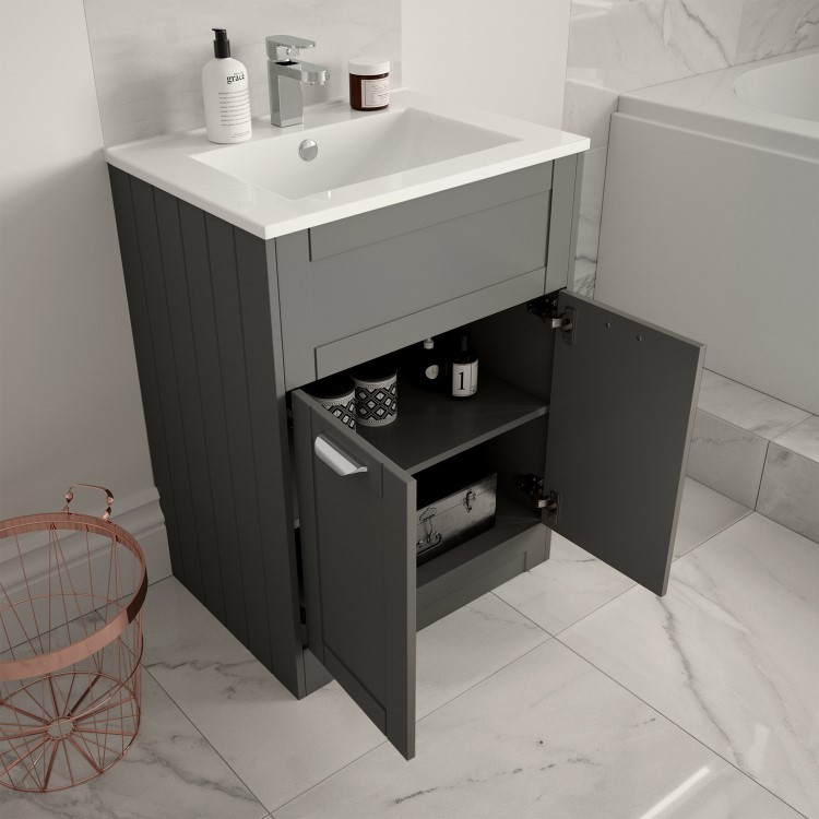 600mm Traditional Floorstanding Vanity Unit with Basin Grey - Nottingham Range