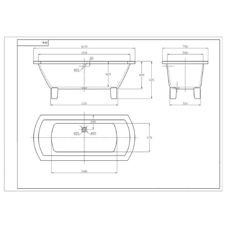Tabor Freestanding Double Ended Bath - 1670mm x 750mm