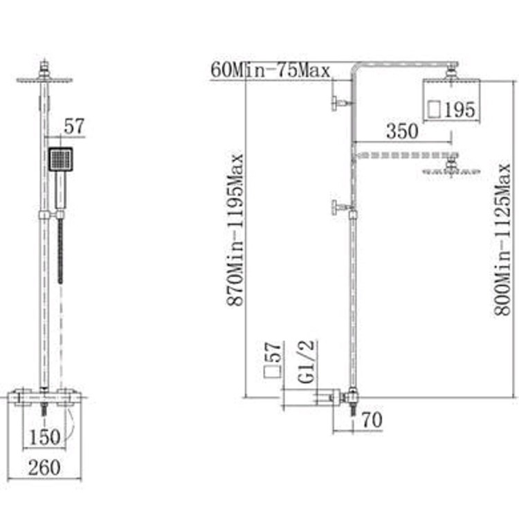Deluxe Square Riser Slide Rail Kit with Square Thermostatic Valve 