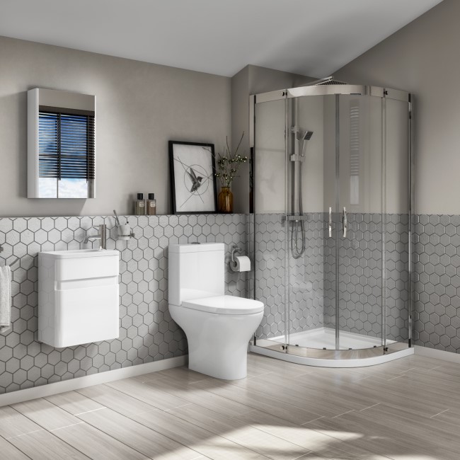 Aquafloe 900 Quad with Portland 410mm Wall Hung White Vanity Unit & Portland Close Coupled Toilet