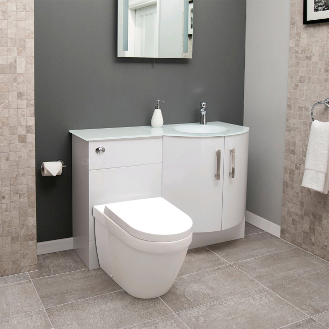 Right Handed Bow Front Combination unit with Aurora Toilet & White Glass Basin - Vigo
