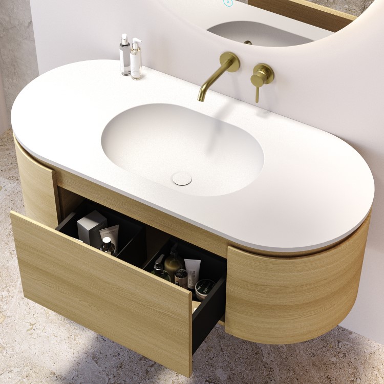 1200mm Oak Wood Effect Wall Hung Vanity Unit with Solid Surface Basin - Cali