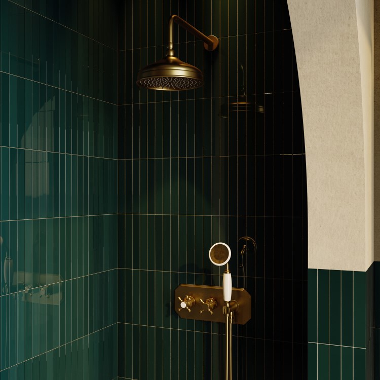 Brushed Brass 2 Outlet Thermostatic Mixer Shower Set with Hand Shower & Overhead Shower - Cambridge