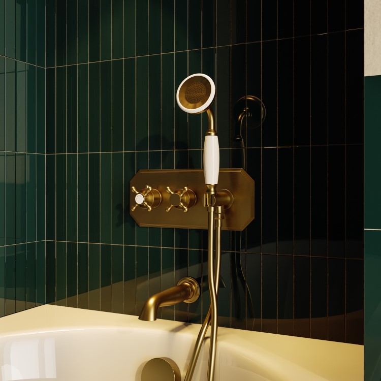 Brushed Brass 2 Outlet Thermostatic Mixer Shower Set with Hand Shower & Bath Filler Spout - Cambridge