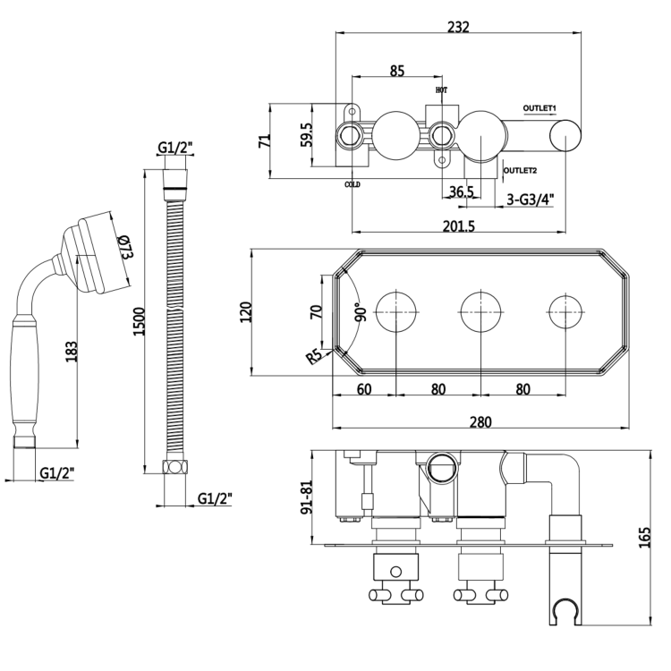 Brushed Brass 2 Outlet Thermostatic Mixer Shower Set with Hand Shower & Bath Filler Spout - Cambridge