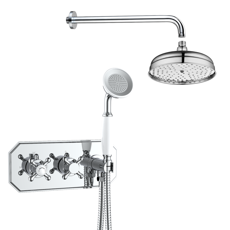 Chrome 2 Outlet Thermostatic Mixer Shower Set with Hand Shower & Overhead Shower - Cambridge