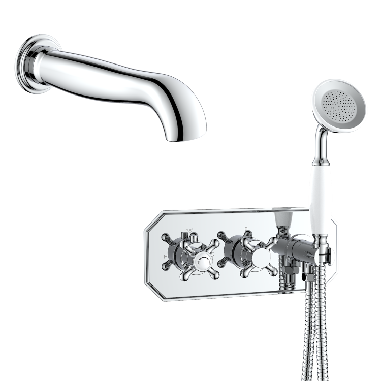 Chrome 2 Outlet Thermostatic Mixer Shower Set with Hand Shower & Bath Filler Spout - Cambridge