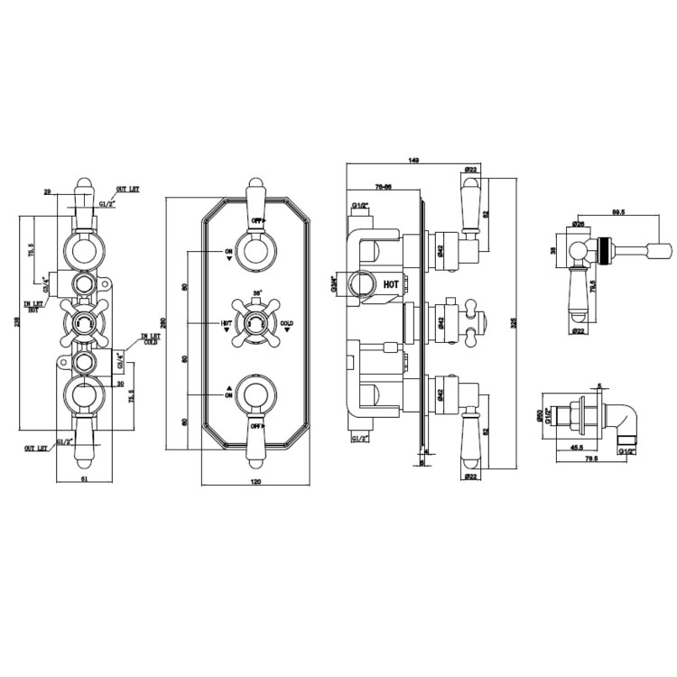 Black 2 Outlet  Wall Mounted Thermostatic Mixer Shower Set with Hand Shower - Cambridge