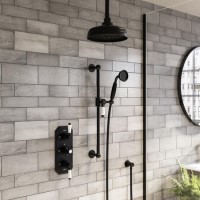 Black 2 Outlet  Ceiling Mounted Thermostatic Mixer Shower Set with Hand Shower - Cambridge Black 2 Outlet  Ceiling Mounted Thermostatic Mixer Shower Set with Hand Shower - Cambridge