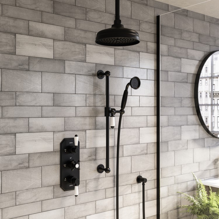 Black 2 Outlet  Ceiling Mounted Thermostatic Mixer Shower Set with Hand Shower - Cambridge