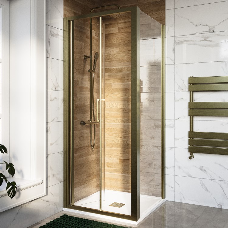 800x800mm Brushed Brass 6mm Glass Square Bi-Fold Shower Enclosure - Carina