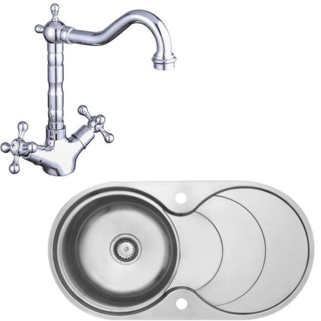 1 Bowl Stainless Steel Sink & Traditional Kitchen Mixer Tap Pack