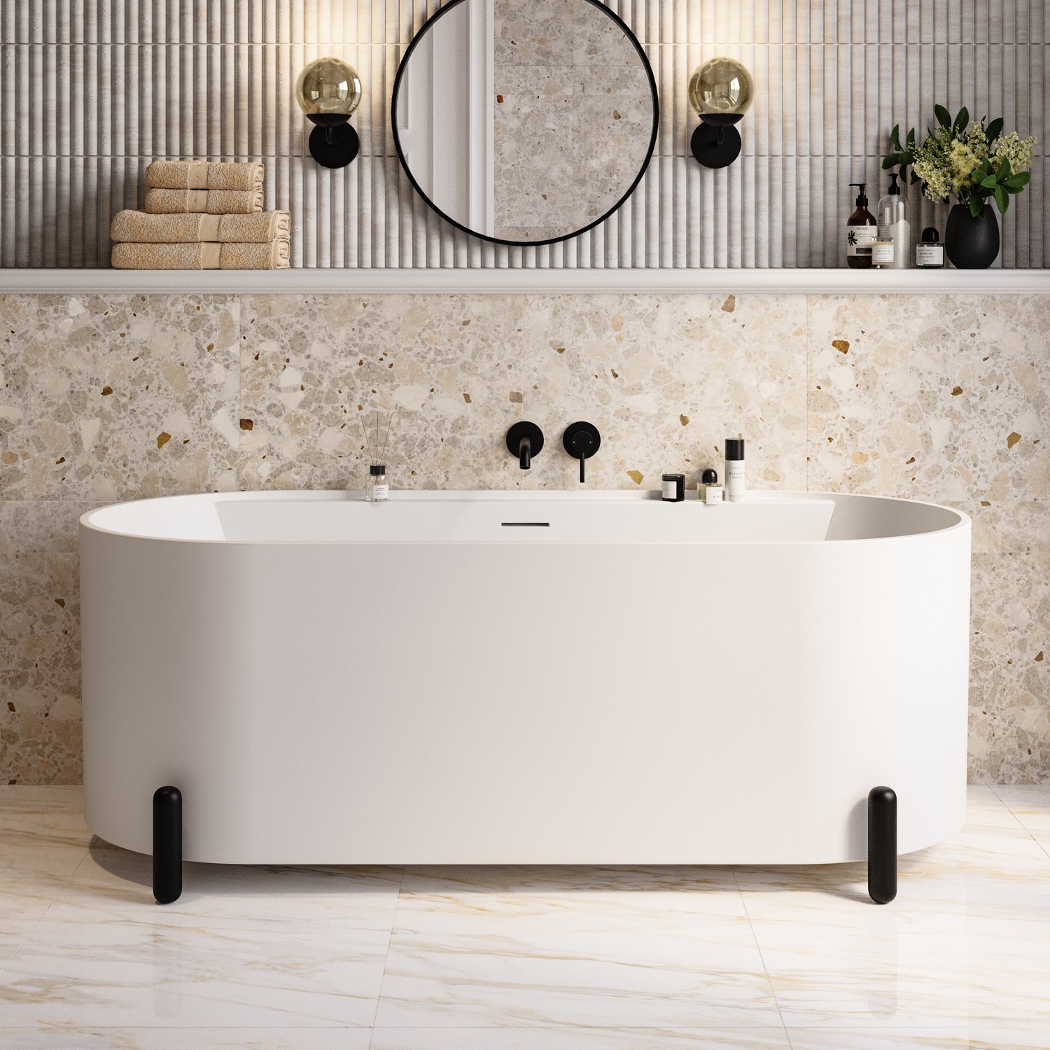 Matt White Freestanding Double Ended Bath with Ledge and Black Feet 1700 x 765mm - Clara