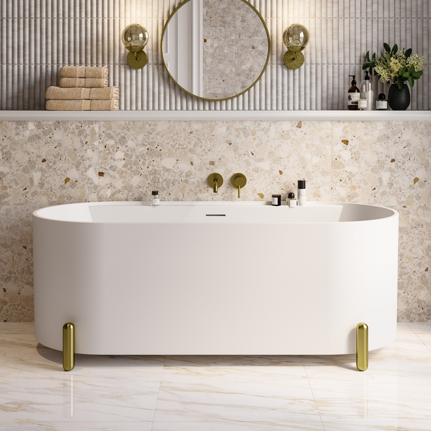 Matt White Freestanding Double Ended Bath with Ledge and Brass Feet 1700 x 765mm - Clara