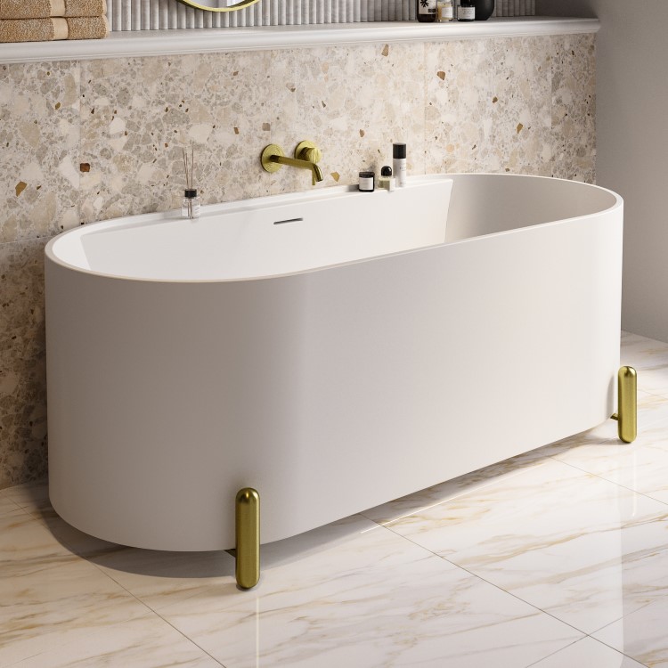 Matt White Freestanding Double Ended Bath with Ledge and Brass Feet 1700 x 765mm - Clara