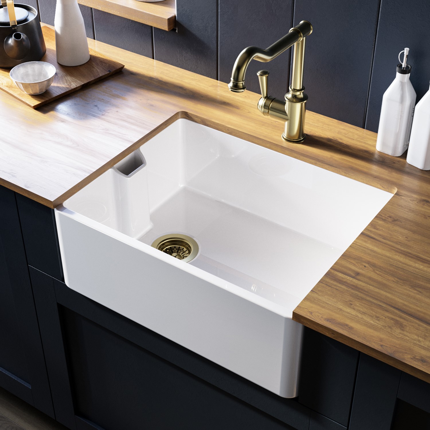 Single Bowl Ceramic Belfast Kitchen Sink Brushed Brass Kitchen Mixer Tap Set &