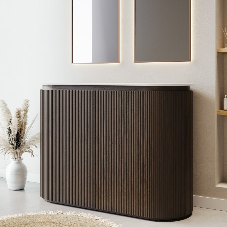 1200mm Walnut Wood Effect Curved Fluted Freestanding Double Countertop Vanity Unit - Matira