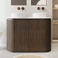 1200mm Walnut Wood Effect Curved Fluted Freestanding Double Countertop Vanity Unit with Basin - Matira