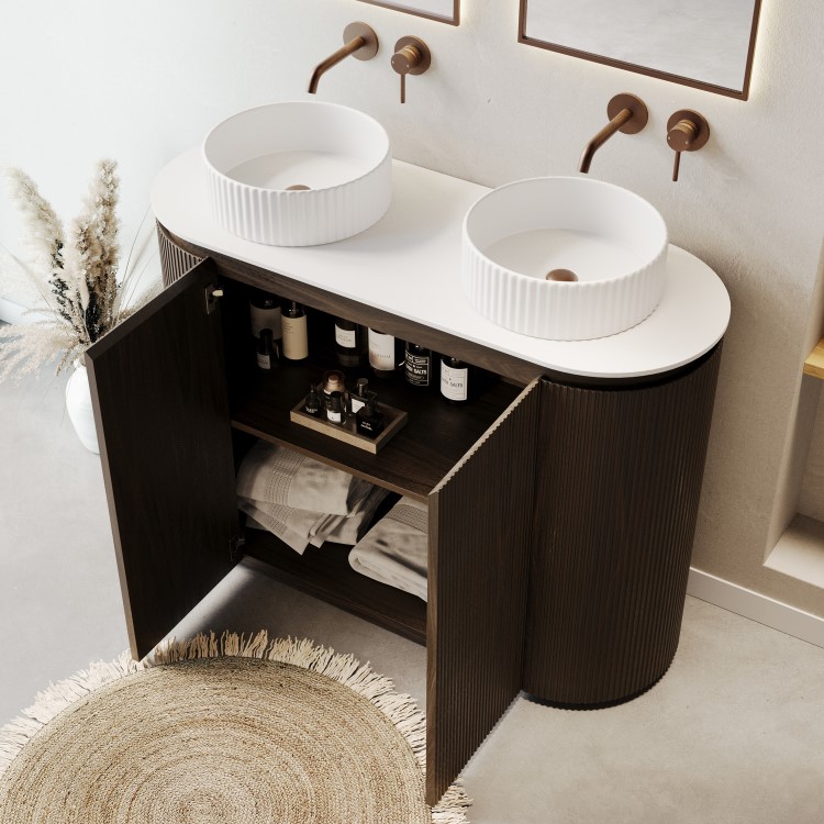 1200mm Walnut Wood Effect Curved Fluted Freestanding Double Countertop Vanity Unit with Basin - Matira